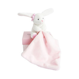 Doudou mouchoir lapin rose - 10 cm - Boite fleur