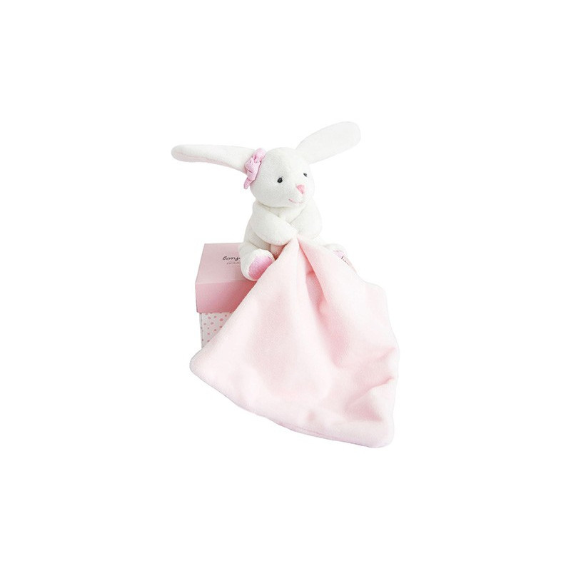 Doudou mouchoir lapin rose - 10 cm - Boite fleur