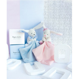 Doudou mouchoir lapin rose - 10 cm - Boite fleur