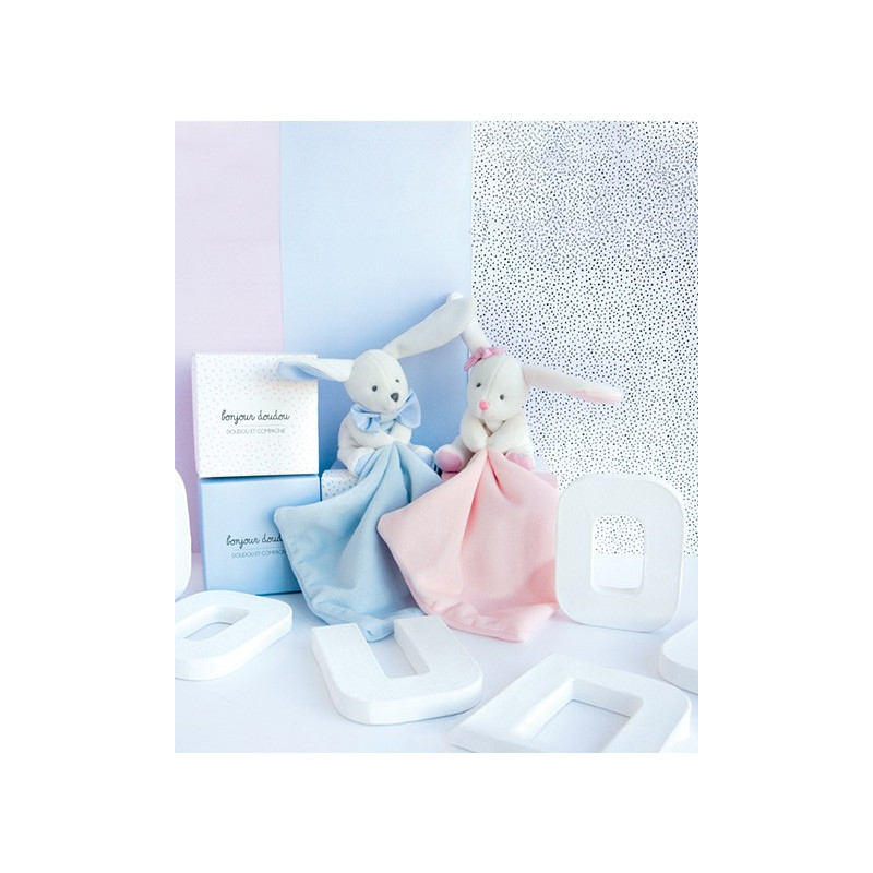 Doudou mouchoir lapin rose - 10 cm - Boite fleur