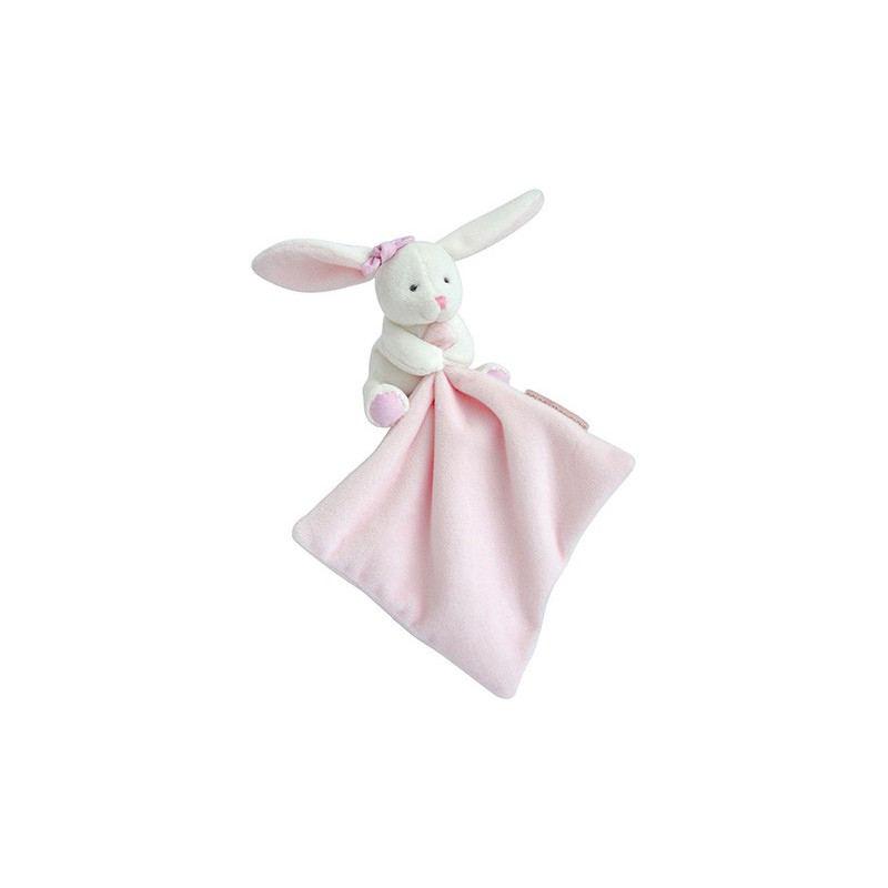 Doudou mouchoir lapin rose - 10 cm - Boite fleur