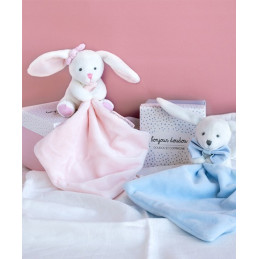 Doudou mouchoir lapin rose - 10 cm - Boite fleur