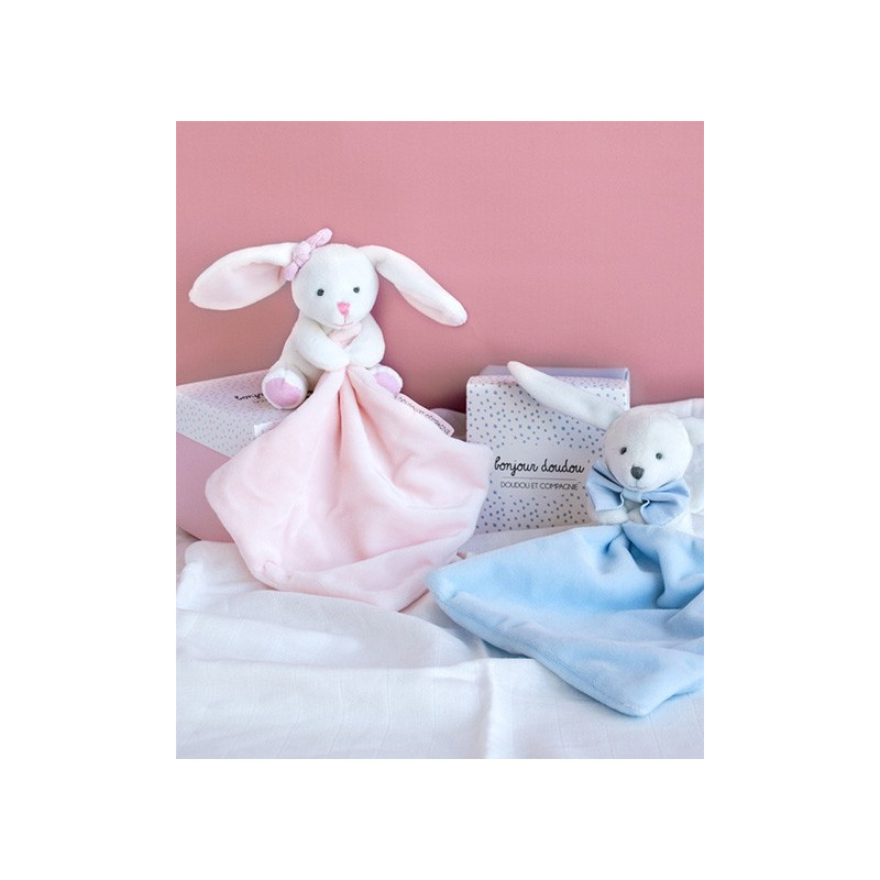 Doudou mouchoir lapin rose - 10 cm - Boite fleur