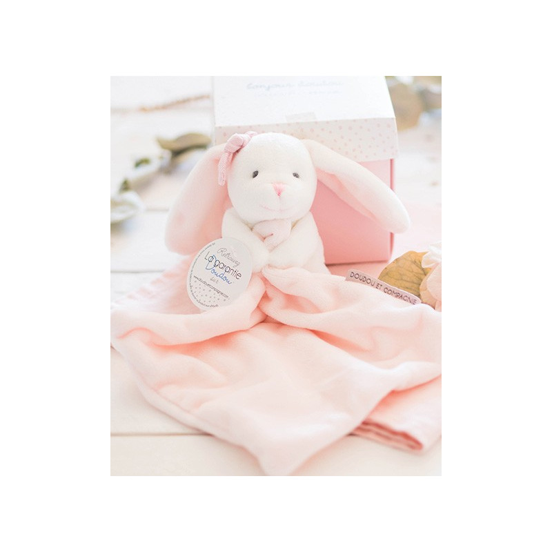 Doudou mouchoir lapin rose - 10 cm - Boite fleur