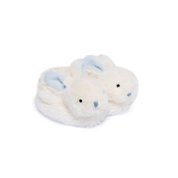 Coffret cadeau naissance chaussons lapin bleu avec hochet - 0/6 mois