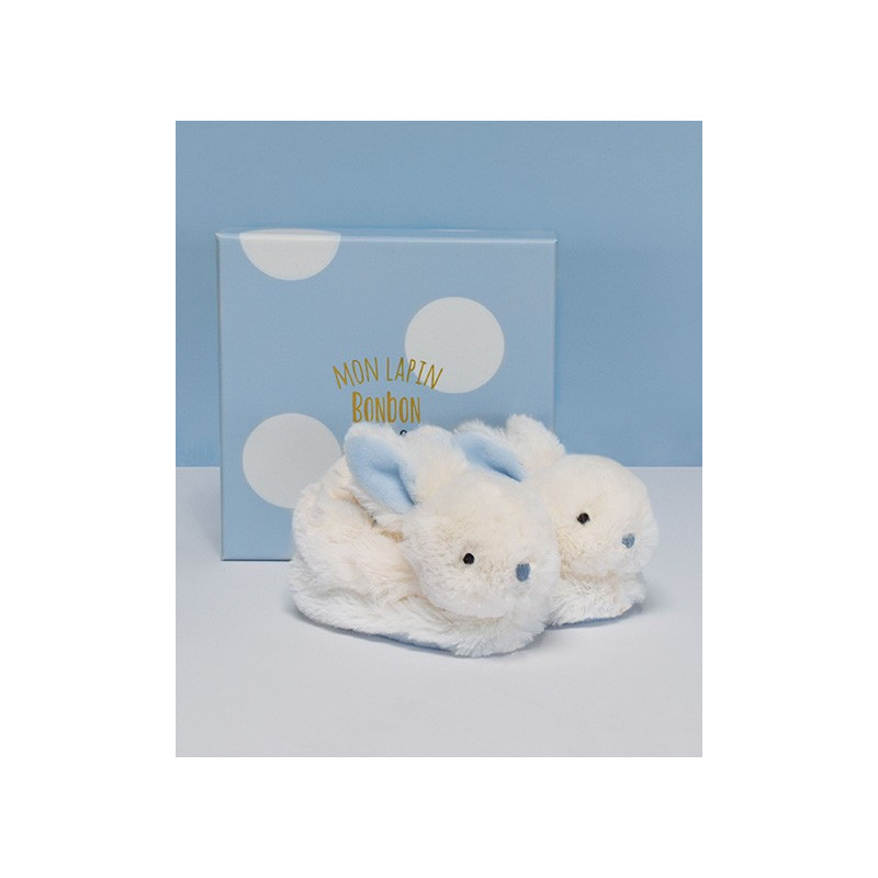 Coffret cadeau naissance chaussons lapin bleu avec hochet - 0/6 mois