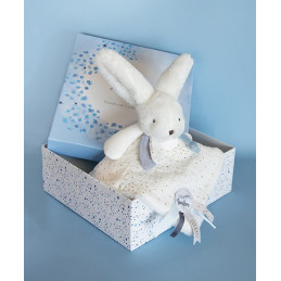Coffret Doudou plat Lapin bleu - Happy Glossy - 25 cm