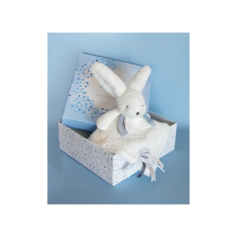 Coffret Doudou plat Lapin bleu - Happy Glossy - 25 cm