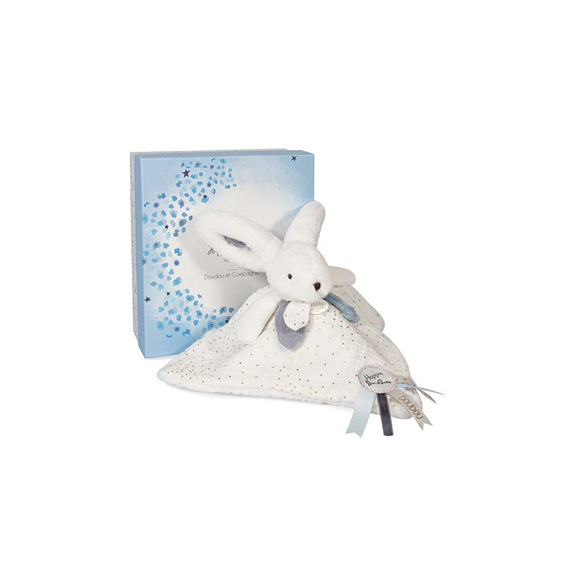 Coffret Doudou plat Lapin bleu - Happy Glossy - 25 cm