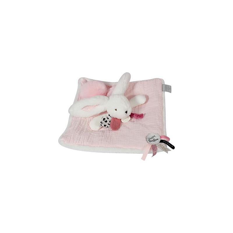 Coffret Doudou carré Lapin rose - Happy Blush - 25 cm