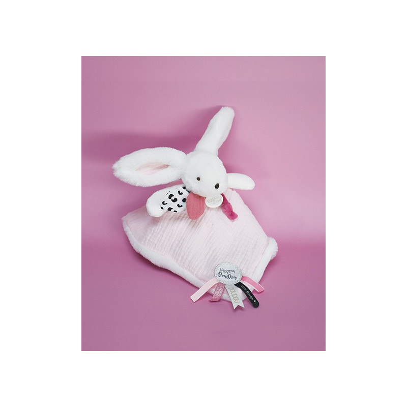 Coffret Doudou carré Lapin rose - Happy Blush - 25 cm