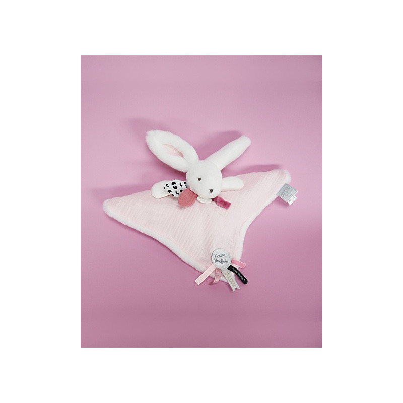Coffret Doudou carré Lapin rose - Happy Blush - 25 cm